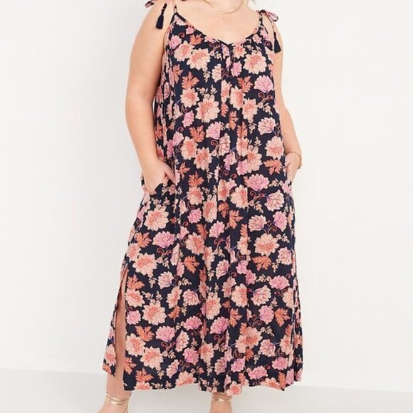 Old Navy Dresses & Skirts - Old Navy Blue Tie-Shoulder Tasseled Floral-Print All-Day Maxi Swing Dress XXL